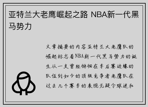 亚特兰大老鹰崛起之路 NBA新一代黑马势力